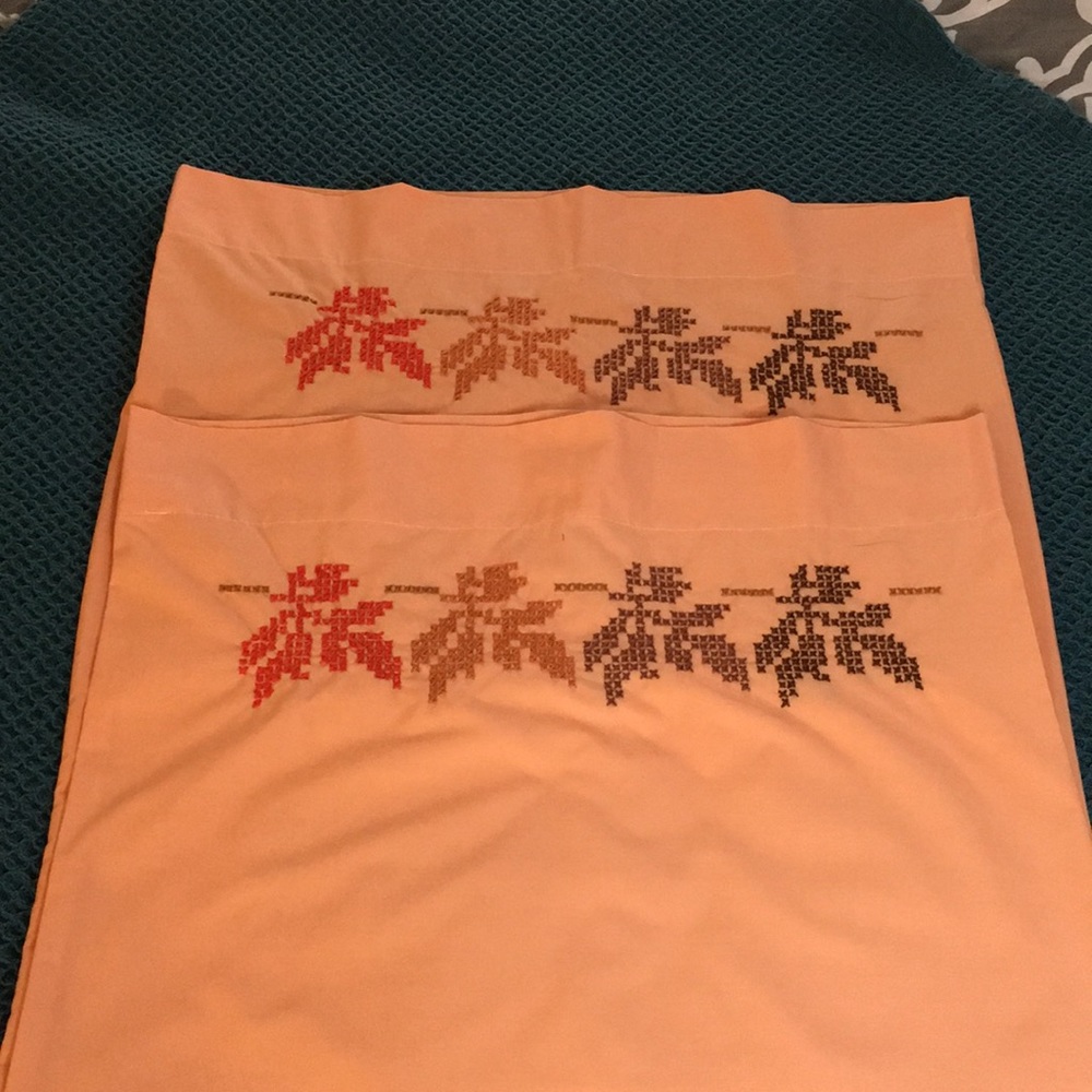 Cross stitched pillowcase set vintage pale orange fall leaves set of two